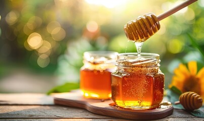aromatic honey in a jar close-up against a background of greenery
