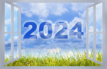 New Year 2024, new beginnings, hope and opportunities reflecting the aspirations and dreams - Concept seen through a window