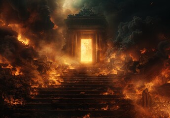 A fiery scene with a large, open door in the middle. The fire is so intense that it is almost as if it is alive. Scene is one of chaos and destruction