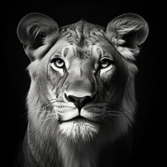 light lioness portrait 4k high contrast hard lighting with many details black and white photography with dark background сreated with Generative Ai