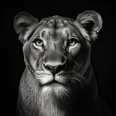light lioness portrait 4k high contrast hard lighting with many details black and white photography...
