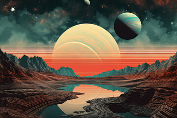 Alien planet landscape with mountains and moon over horizon in retro style. - 793089011