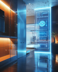 The corner of a room lit by a digital interface, where a simple touch can control various aspects of a futuristic smart home - obrazy, fototapety, plakaty