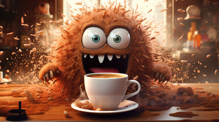 Coffee monster with crazy eyes. Cute character with caffeine energy, very excited. - 793089671