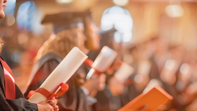 Close-up of graduates holding diplomas at commencement. Blurred background with academic caps