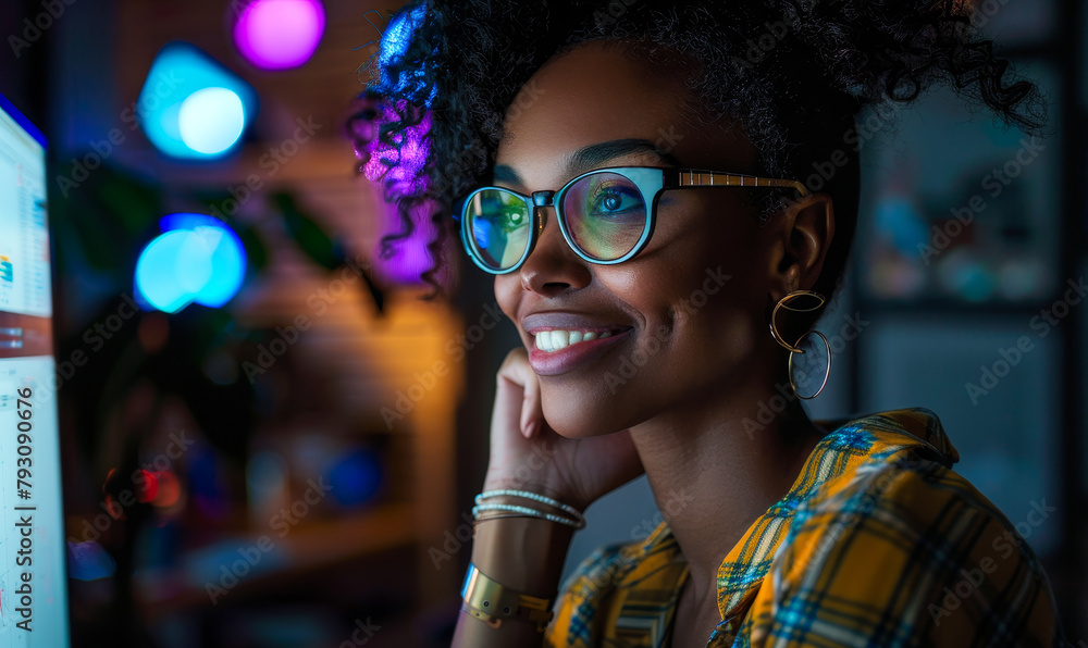 Aufkleber smiling african american businesswoman analyzing business data and charts on desktop computer in mod