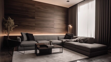 photograph of a modern living room with dark gray and light gray furniture with some wood panels on the wall
