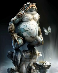 A muscular toad, sculpted from marble, sits atop a crumbling Greek column ,