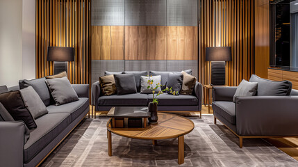 photograph of a modern living room with dark gray and light gray furniture with some wood panels on the wall