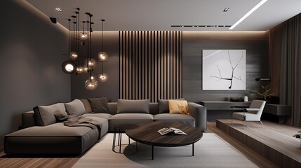 photograph of a modern living room with dark gray and light gray furniture with some wood panels on the wall