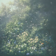 Fototapeta na wymiar Lush Flower Meadow Under Sunlit Sky