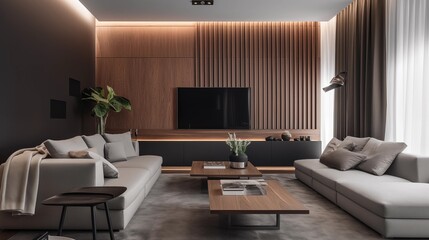 photograph of a modern living room with dark gray and light gray furniture with some wood panels on the wall