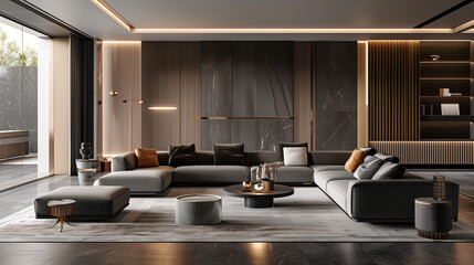 photograph of a modern living room with dark gray and light gray furniture with some wood panels on the wall