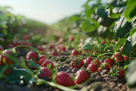 Lush beds of strawberries thriving in a sunlit field, showcasing vibrant red berries and lush green foliage in a picturesque agricultural scene