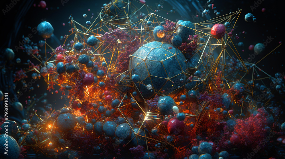 Aufkleber abstract scientific concept with connected cells and particles. science microscopic background.