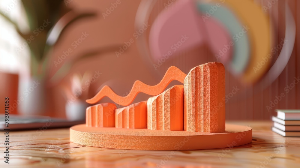 Poster 3d illustration of a bar graph on a table with a blurry background in peach and orange tones