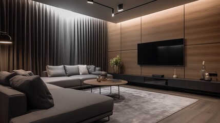 photograph of a modern living room with dark gray and light gray furniture with some wood panels on the wall