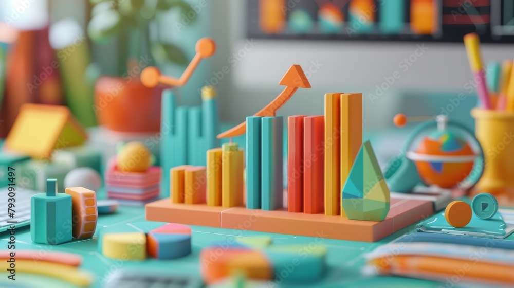 Aufkleber 3d render of a desk with charts and graphs in bright colors