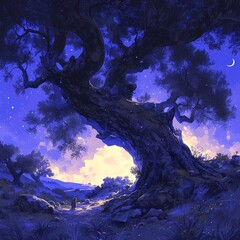 Majestic Ancient Tree Guiding the Way in a Starlit Sky - obrazy, fototapety, plakaty