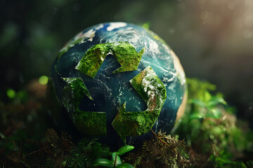 Obraz na płótnie Canvas An Earth image with a recycling symbol superimposed, emphasizing environmental conservation and sustainability efforts on a global scale.