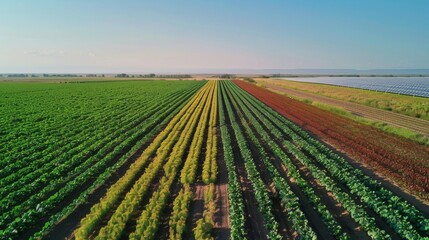 A wide shot of a field filled with rows of colorful crops including soybeans seed and sugarcane. In the distance solar panels can be seen providing energy for the irrigation system. .