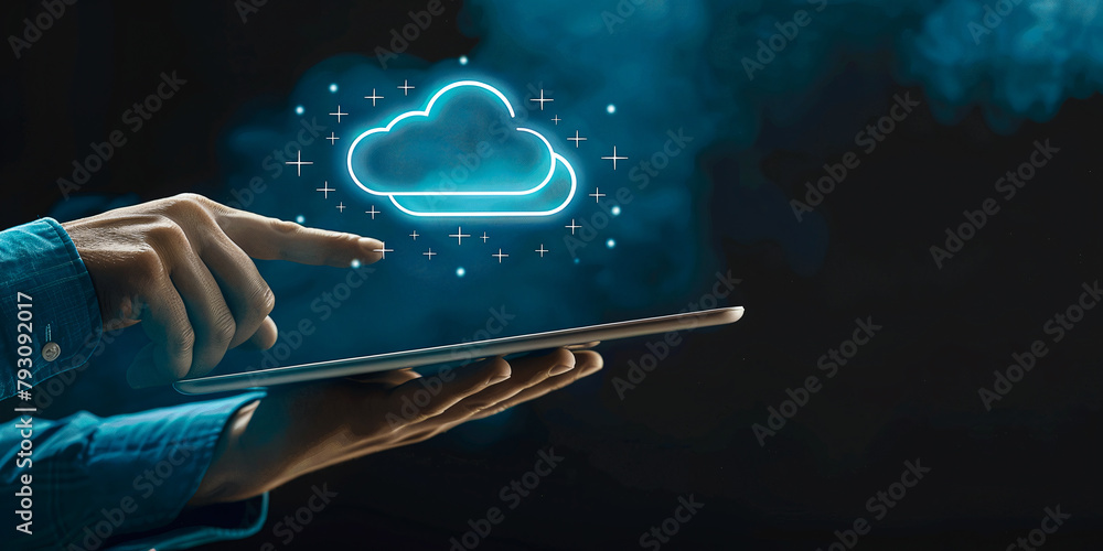 Poster man holding tablet with glowing cloud symbol above it representing cloud storage technology on dark 