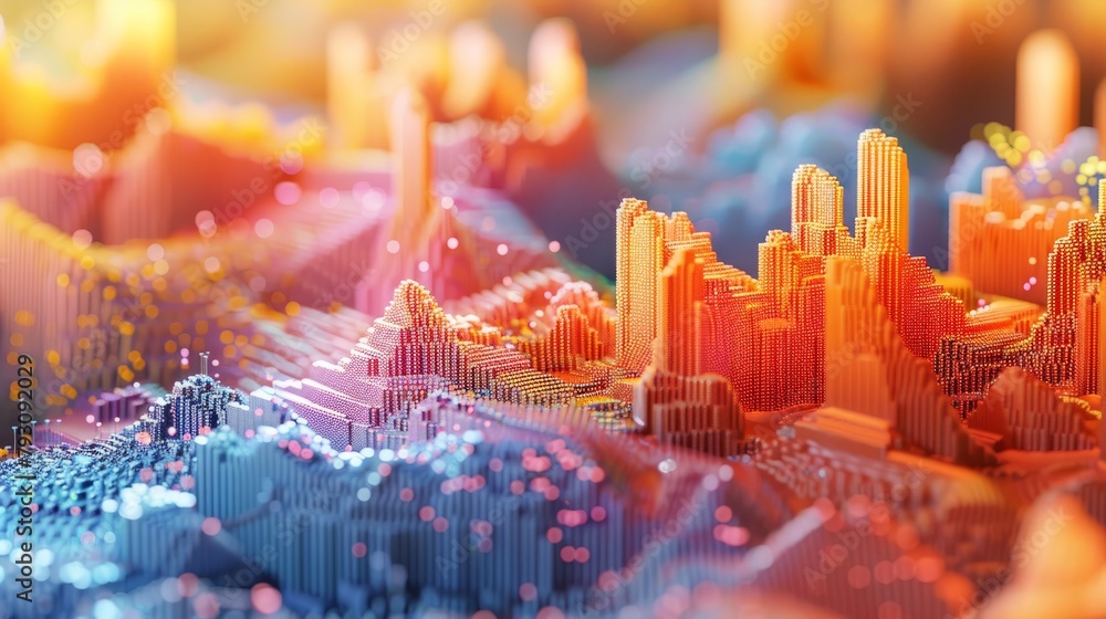 Poster 3d rendering of a cityscape made of colorful voxels.