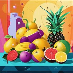 
Abstract illustration of fruits, summer bright picture, still life fruits on the table, Design element, painting, interior for home, wall decoration.