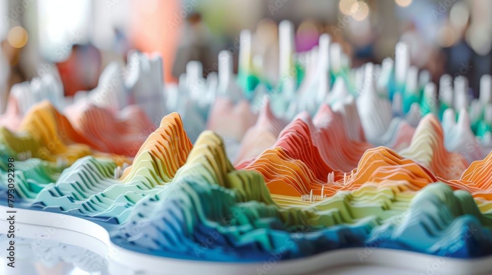 Poster 3d rendering of a rainbow colored terrain with a city built on top of it