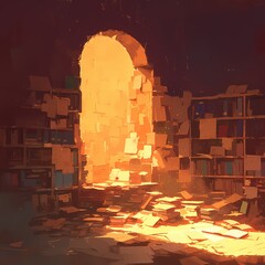 A captivating scene of an old library bathed in sunlight, inviting exploration into the world of forgotten wisdom. - obrazy, fototapety, plakaty