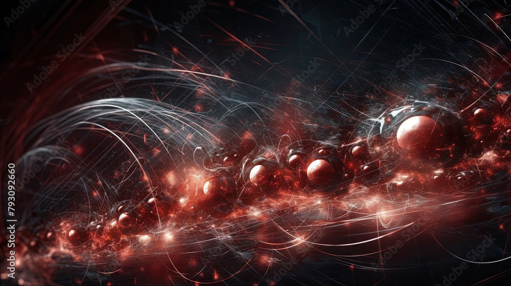 Poster Abstract technology burst with glowing wires and particles in motion. Technology and science dynamic background.