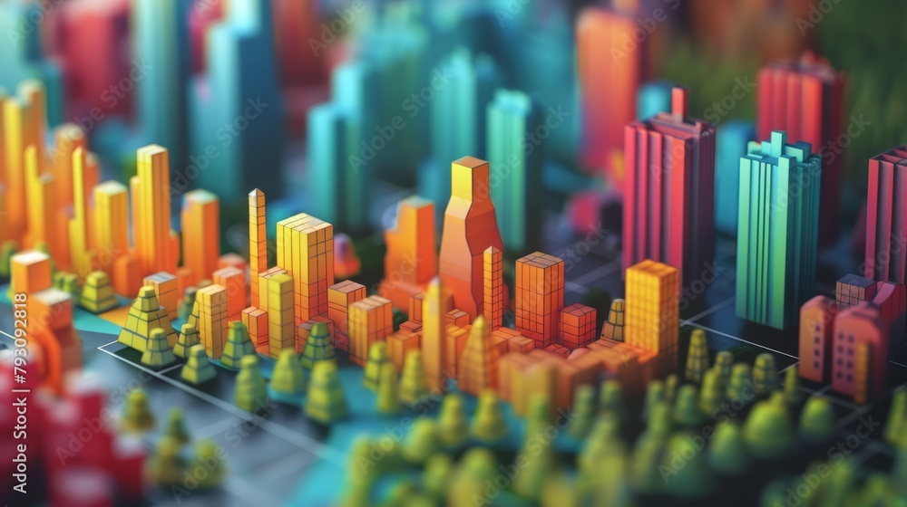 Poster a 3d rendering of a city made of colorful blocks.