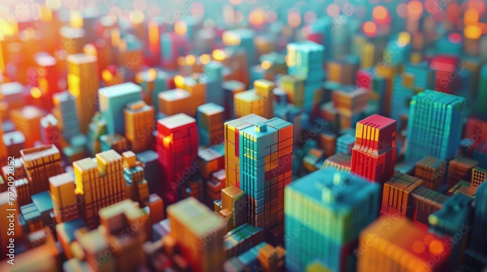 Poster a 3d rendering of a city made of colorful blocks.