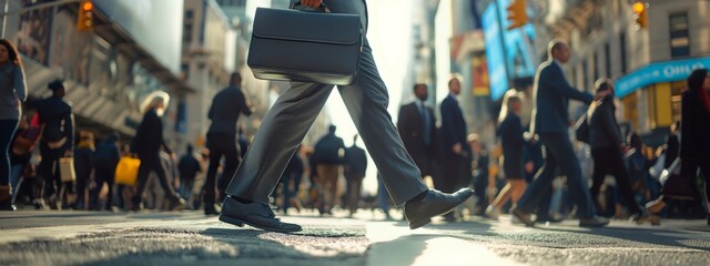 Close-up of legs Businessman or Successful man crossing the street on the crosswalk and holding a...