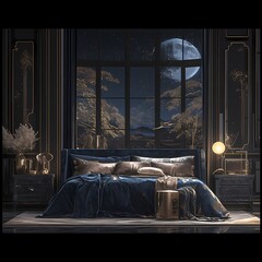 Experience serene luxury with a grand bedroom featuring a moonlit nightscape and an opulent blue bed.