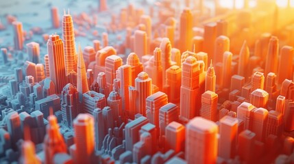 A 3D rendering of a city made of orange and white blocks with the sun rising from the right.