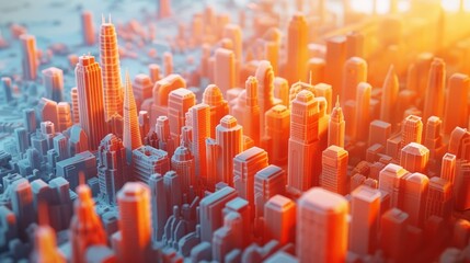 Obraz premium A 3D rendering of a city made of orange and white blocks with the sun rising from the right.
