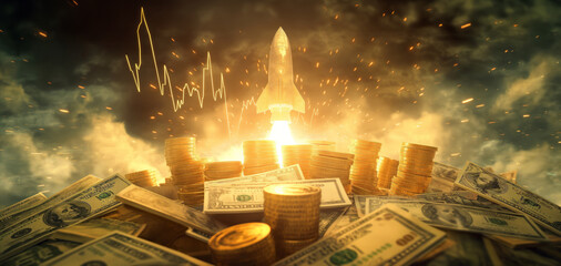 Golden rocket flies up on gold bars and cryptocurrency coins, soars through vast expanse of cyberspace, cryptocurrency, stock market, business investment, money, technology concept.	
