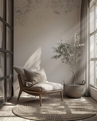 The charm of a cozy corner with a stylish armchair, natural light streaming through creating a peaceful retreat
