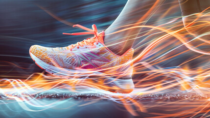 A pair of running shoes leaving dynamic motion trails.