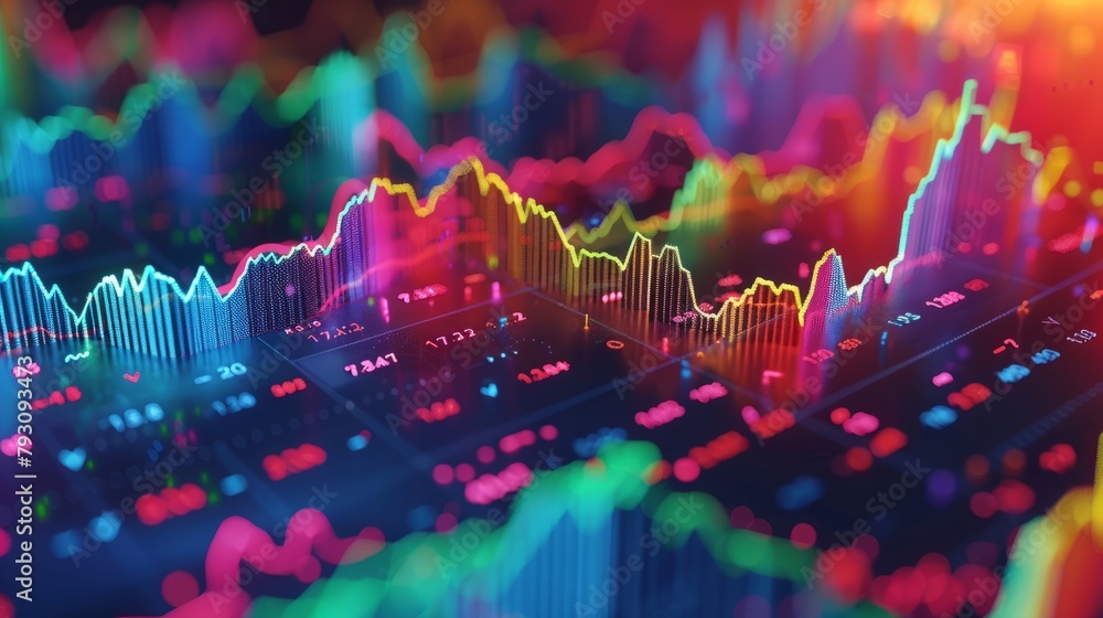 Aufkleber a 3d rendering of a stock market graph with multiple lines representing different stocks. the graph 