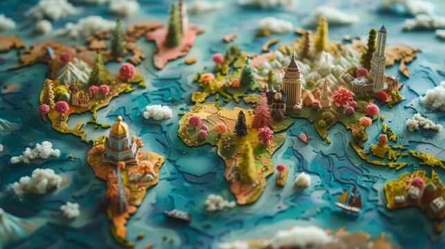 A beautiful 3D relief map of the world made of wood and painted in bright colors.