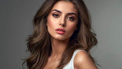Naklejka premium Close up portrait of a beautiful woman with glowing face. Glamorous sexy girl portrait, Generative AI 