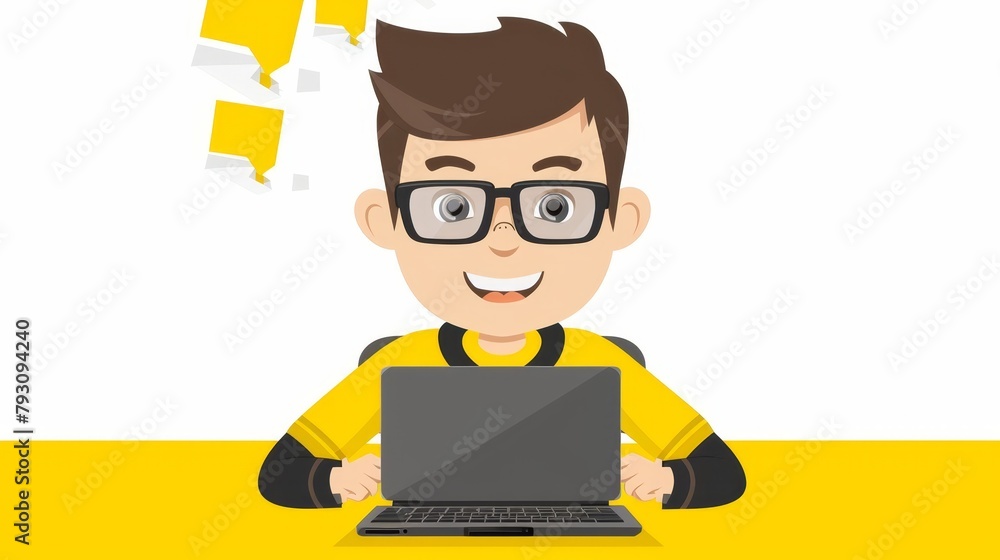 Poster a man pondering at a table, laptop displaying before him, query hovering above