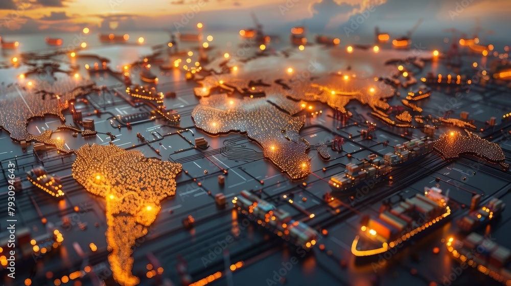 Poster A circuit board in the shape of the world map with glowing orange lights.