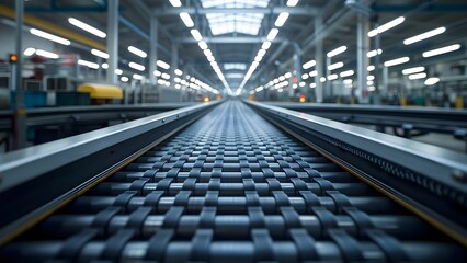 Conveyor belts in factory show increased production economic growth and reshoring. Concept Factory Efficiency, Economic Growth, Reshoring Trends, Technology Advancements, Industrial Automation