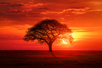 Solitary Silhouette: A Lone Tree Against a Sunset Sky