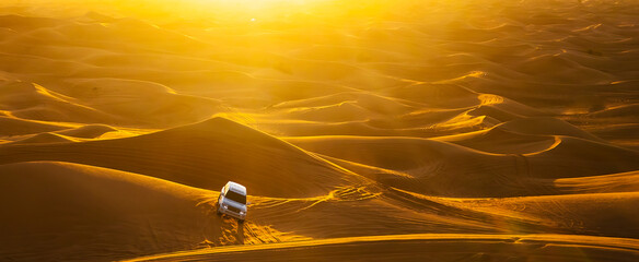 Dubai desert safari in sunset light. Off road safari in sand desert banner. Empty Quarter Desert in...