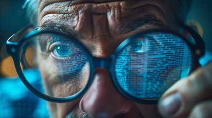 A close-up of an old man wearing glasses staring at a computer screen. - obrazy, fototapety, plakaty