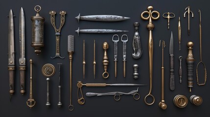A collection of antique medical tools on a black background